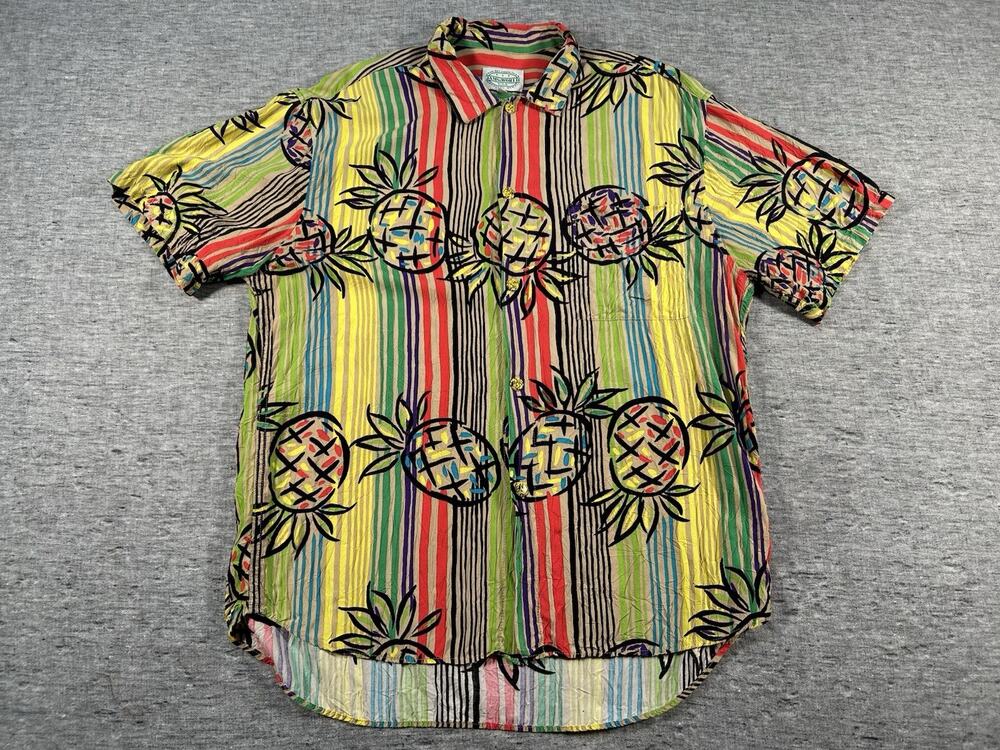 Vintage Jams World Surf Line Hawaii Shirt Mens Large Stripes Pineapples M630RE